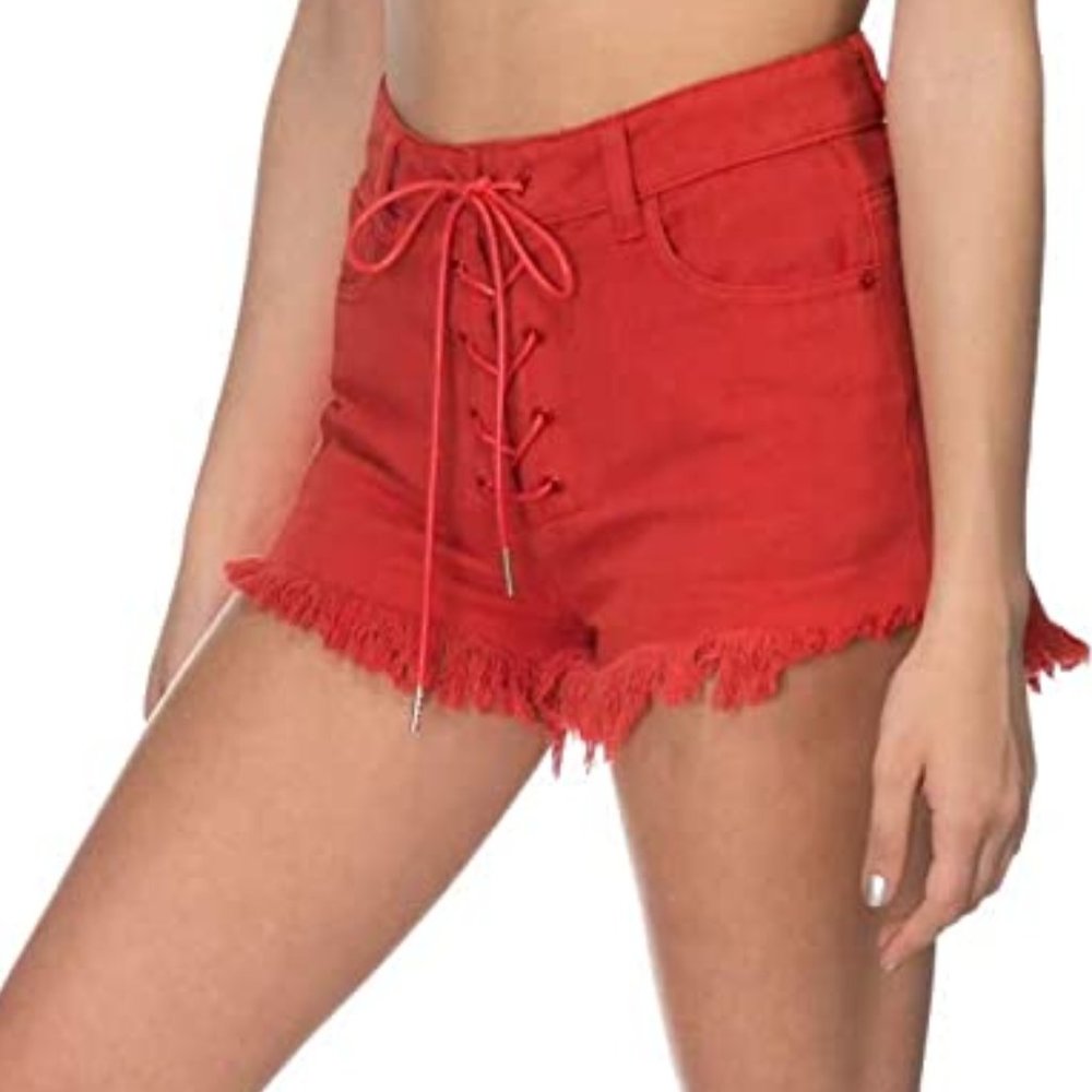 Adika Red Lace Up Denim Shorts
